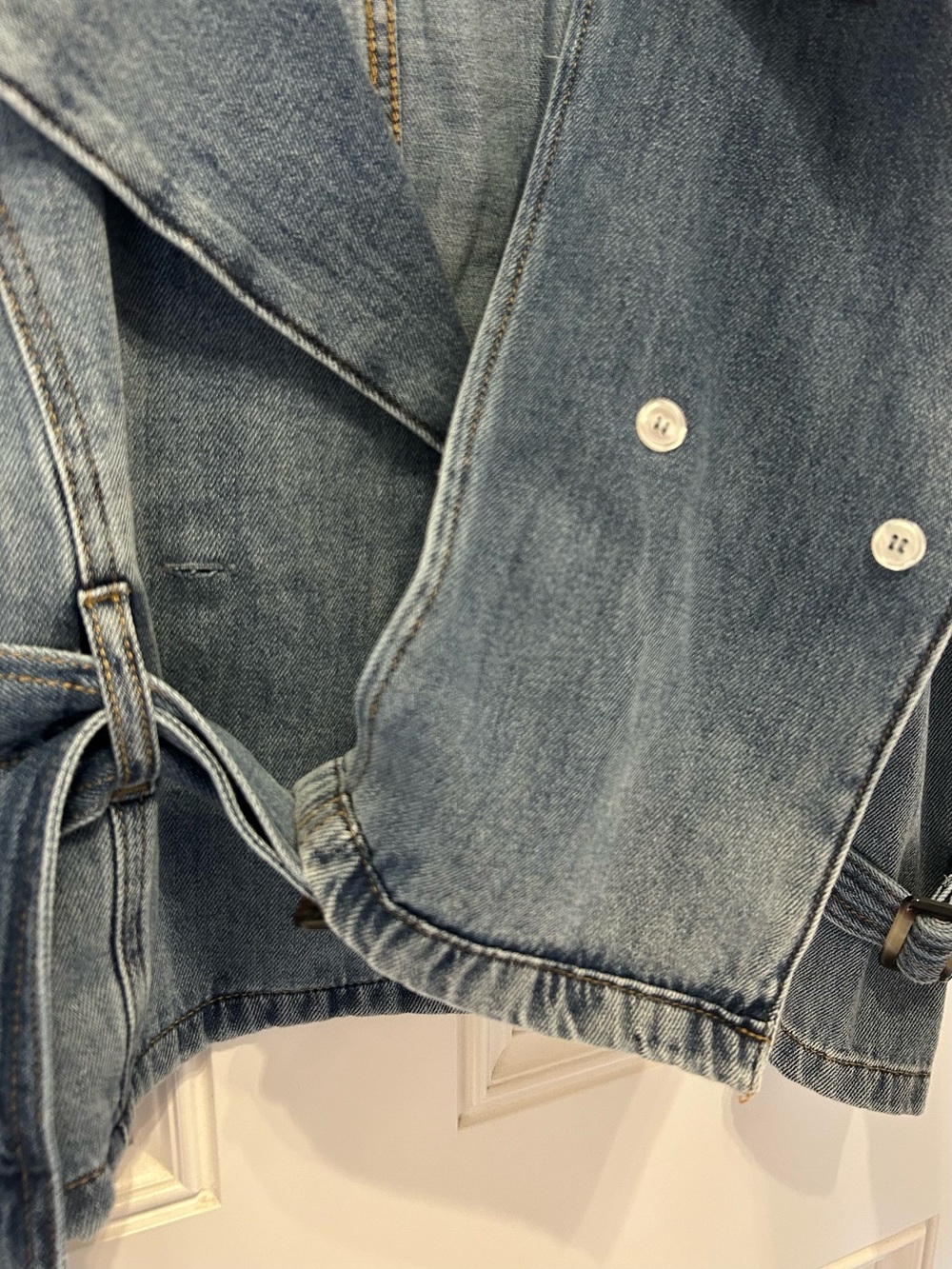 Habitual Wrap Tie Cropped Moto Trench Medium Wash Blue Jean Denim Belted Jacket - Picture 6 of 8